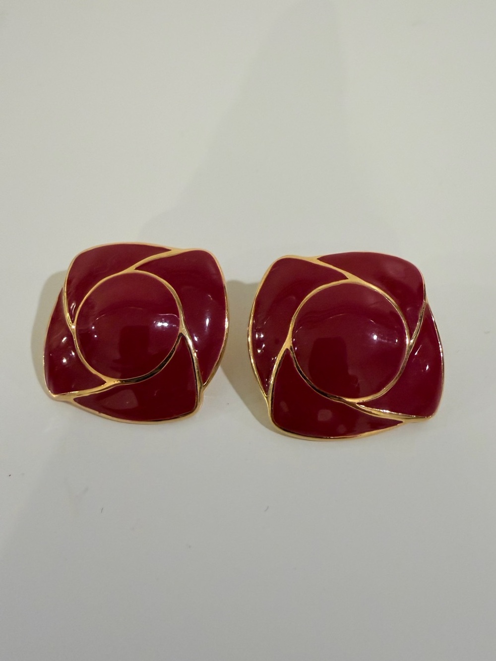 Vintage Monet Red Enamel With Gold-Tone Trim Square Button Pierced Earrings